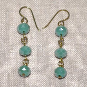 Hand Crafted Handmade Earrings Faceted Iridescent Turquoise Bead Long Earrings